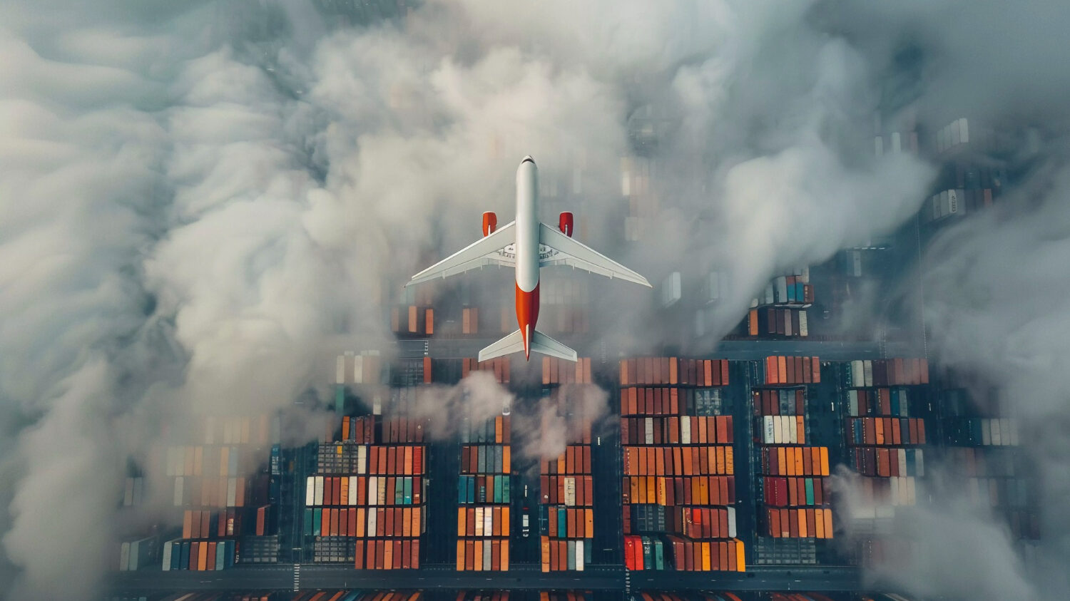 Airplane flying over cargo containers representing global freight solutions