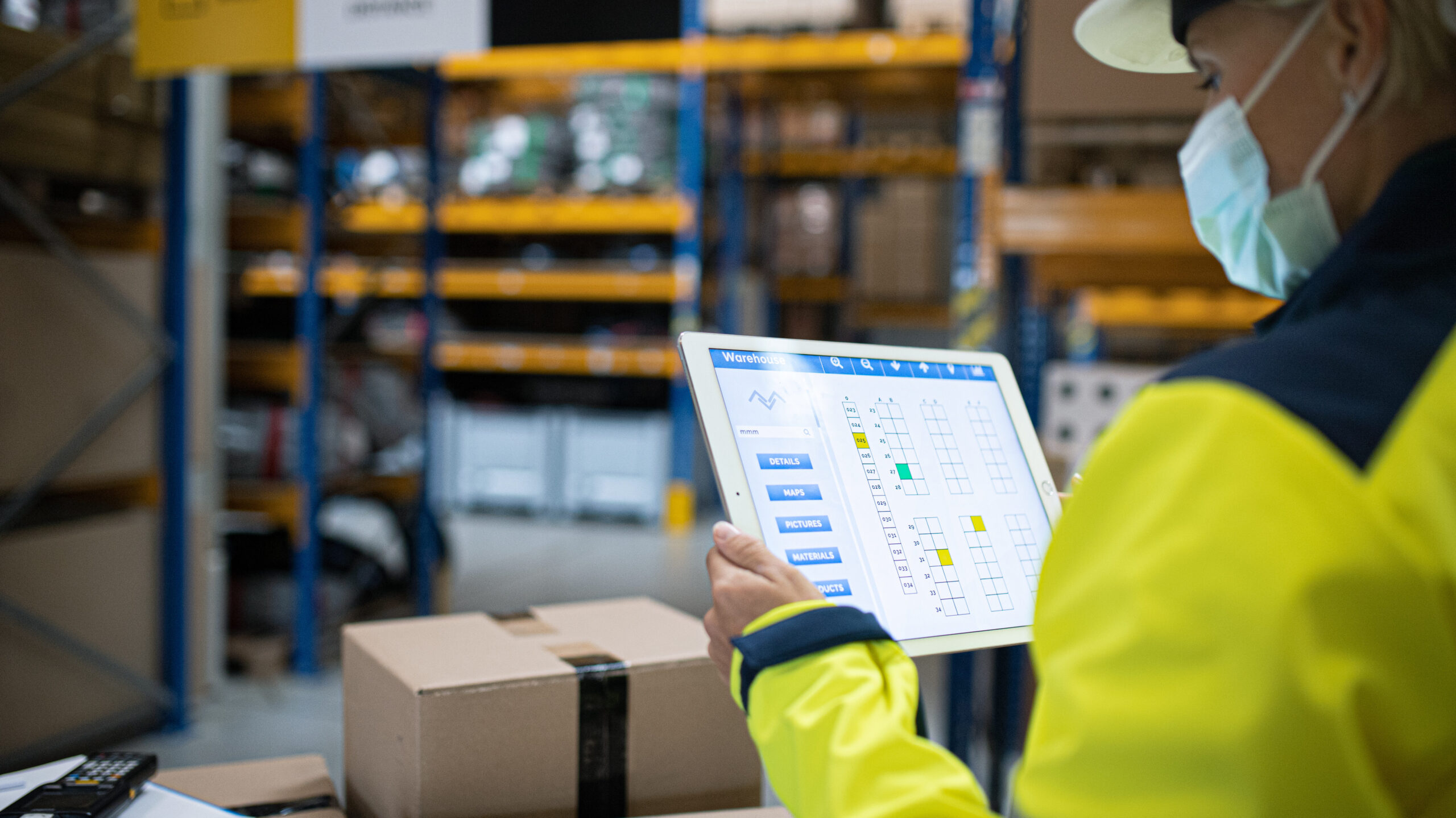 Warehouse worker in a safety jacket and mask using a tablet to monitor inventory and logistics.