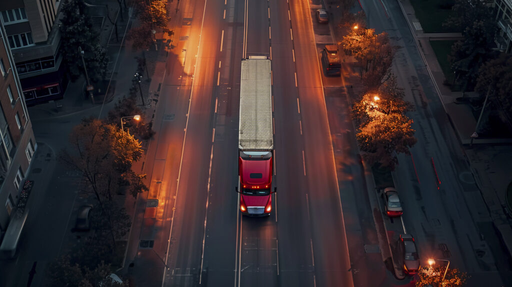 A red semi-truck associated with trade policies under Trump, driving down a well-lit urban street at dusk, surrounded by trees and buildings, with glowing streetlights reflecting off the road.